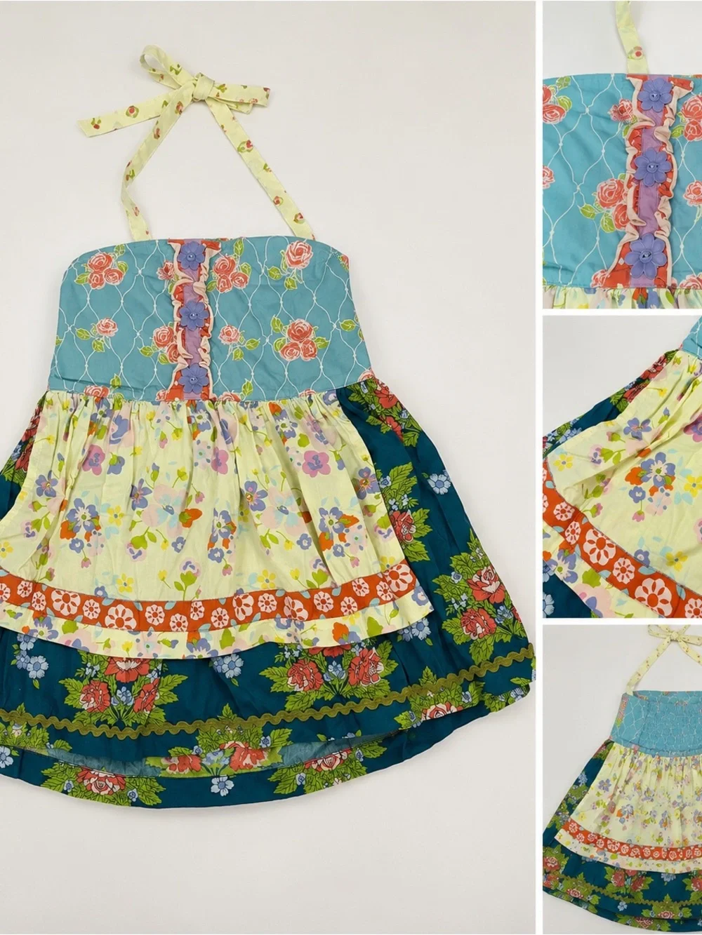Girls Floral Halter Tiered Summer Dress - Teal, Yellow, Coral